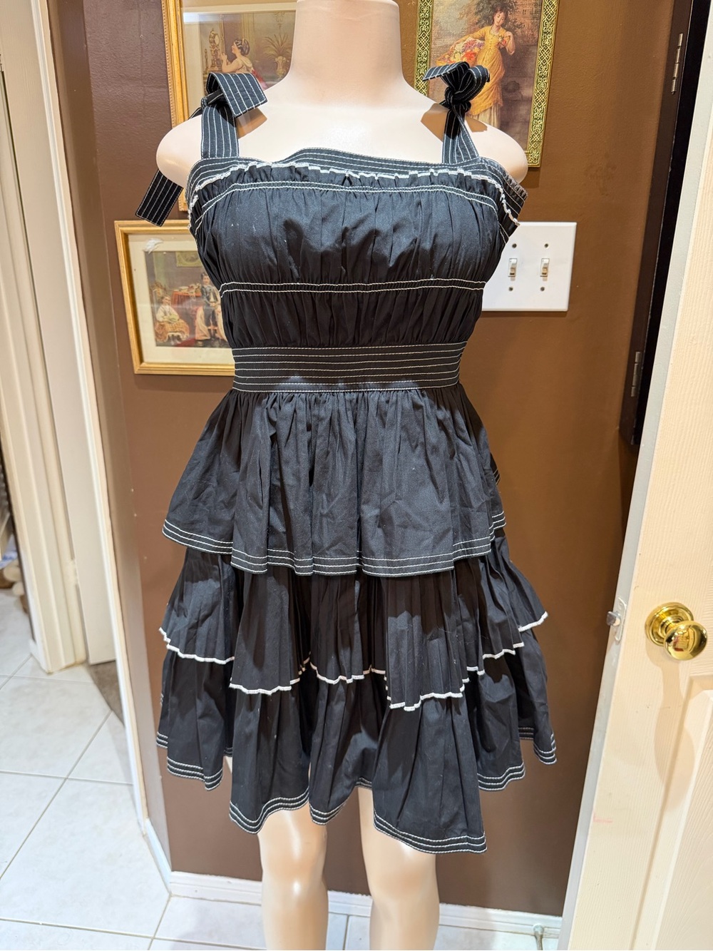 Black Tiered Tie-Shoulder Sundress FLAWED